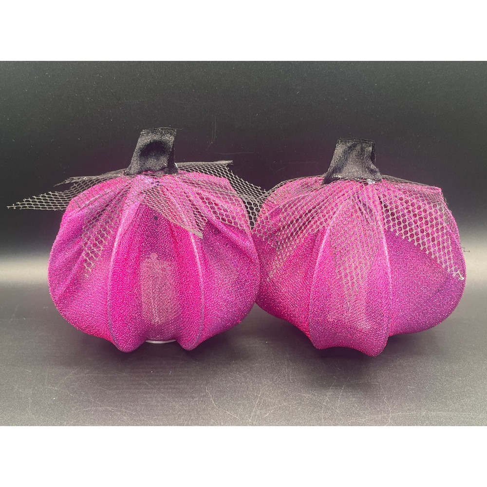 Pair Purple Glitter Light Up Pumpkins Halloween Decor Black Mesh‎ Stem 5.5"